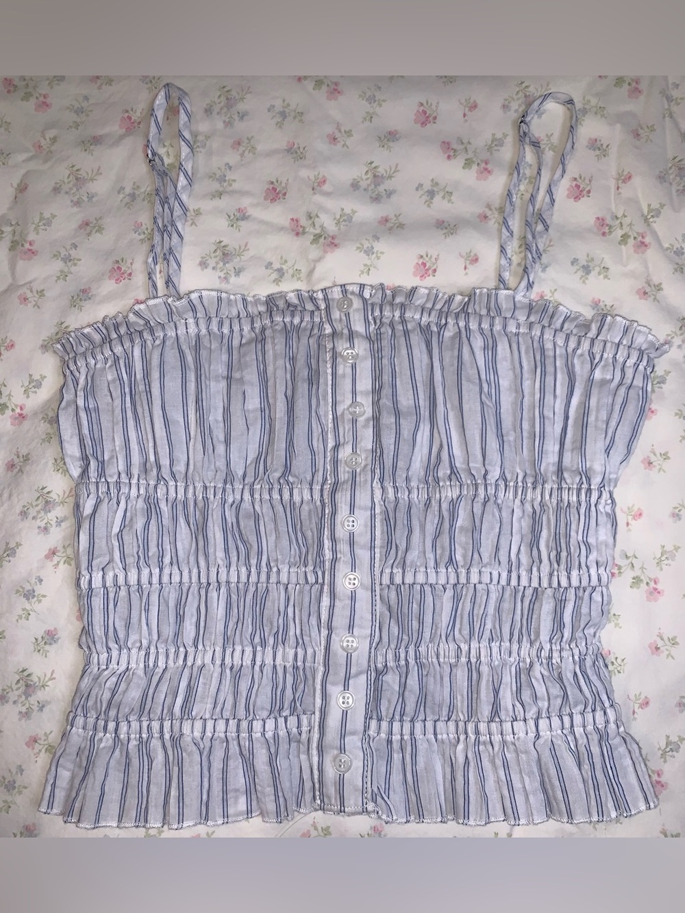 Forever 21 Blue and White Striped Smocked Button Cami, Size Small